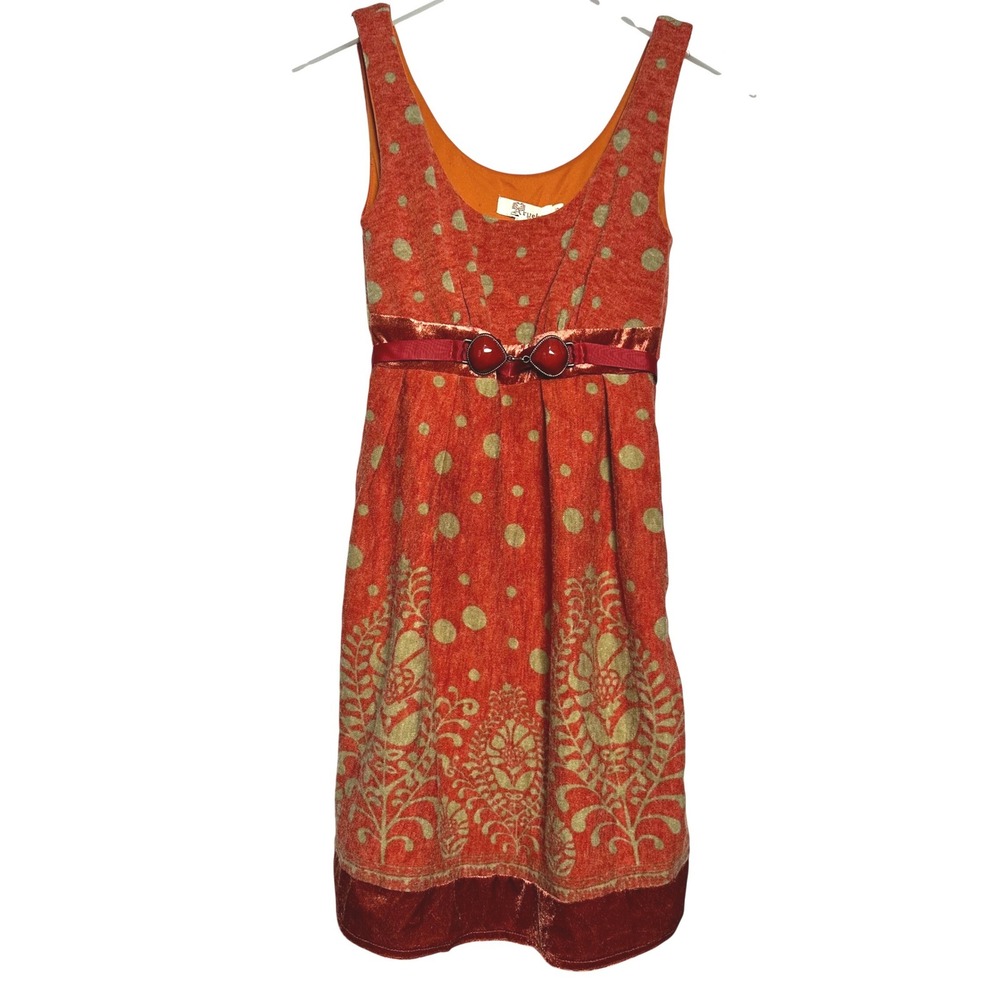 NWT Aryeh Women Burnt Orange Gold Polka Dot Damask Velvet Trim Knit Dress S